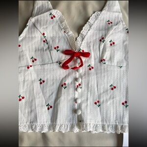 White Cherry Embroidered Top with Red Bow